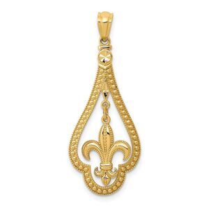 14k Yellow Gold Milgrain Fleur De Lis Dangle Pendant, 14 x 33mm